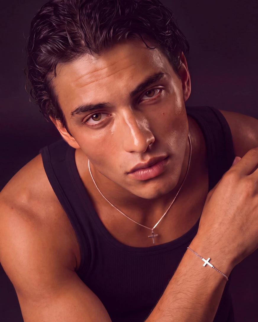 D-FFRENT cross bracelet worn by male model in luxury fashion photoshoot