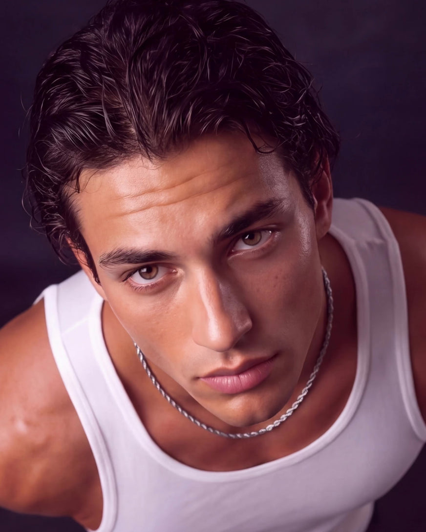 Men's rope chain necklace worn with a white tank top