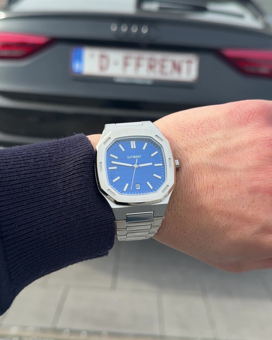 D-FFRENT The Aura Blue on wrist | Luxury watch wrist shot | Belgian watch brand | Audi Q3 lifestyle